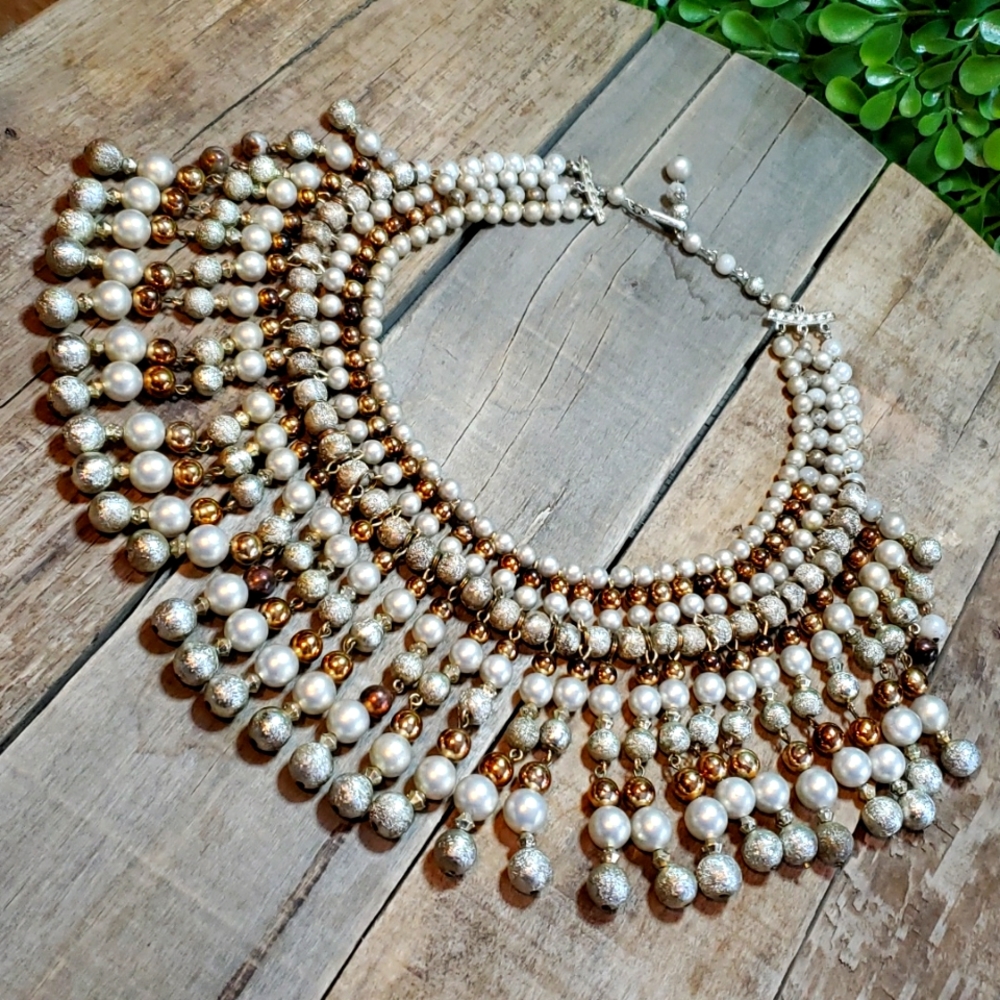 Huge 60's Egyptian Textured Runway Copper Pearl Bead Bib Full Fringe Necklace